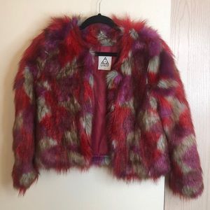 UNIF Red Purple Grey Faux Fur Cropped Jacket Size S